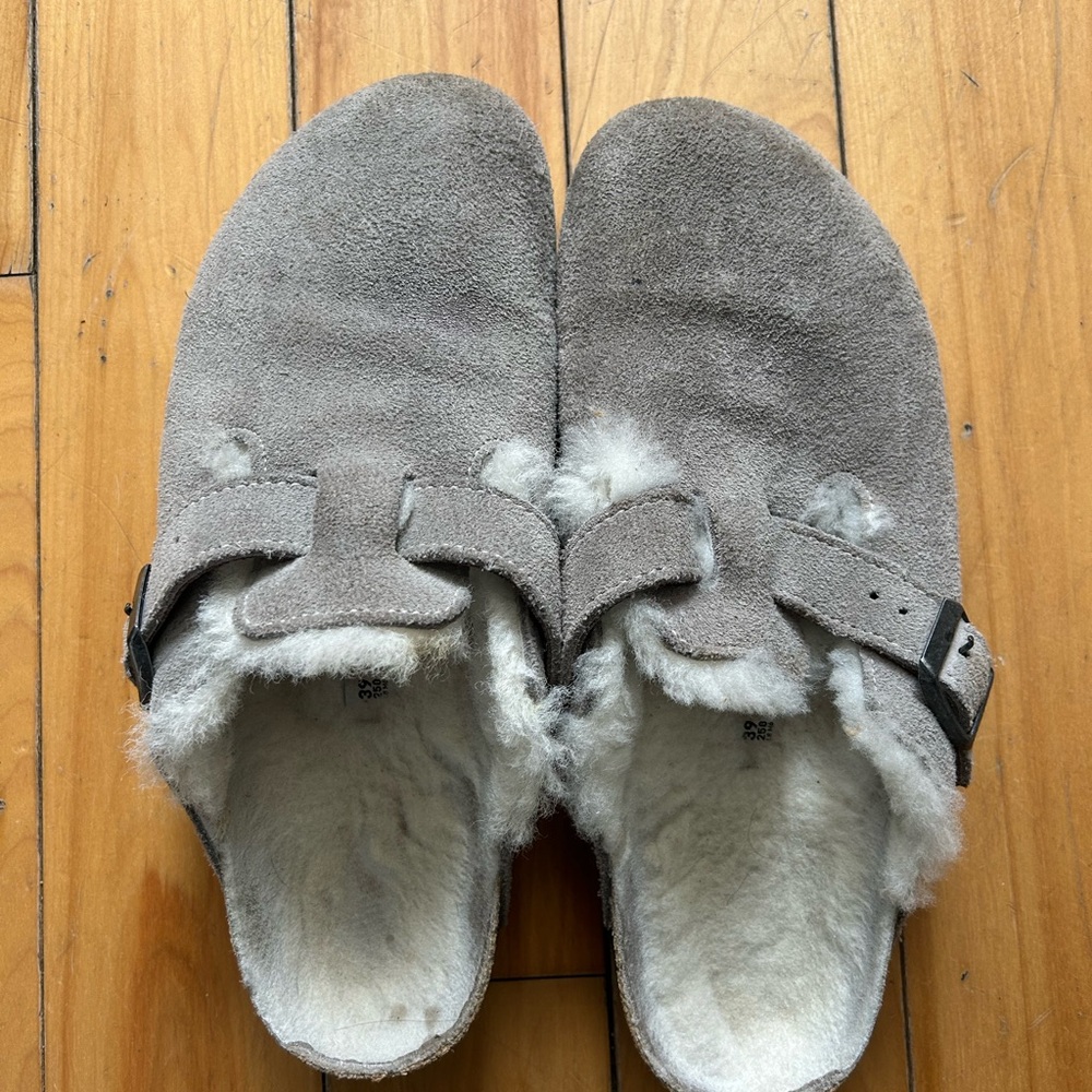 Birkenstock Suede Shearling Lined Clogs in Taupe